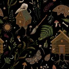 бесшовный мистический паттерн с избушкой Бабы-Яги