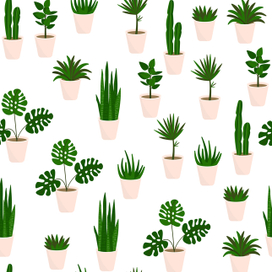 Houseplants seamless pattern. Repetitive vector illustration of various abstract houseplants on transparent background. EPS 10.