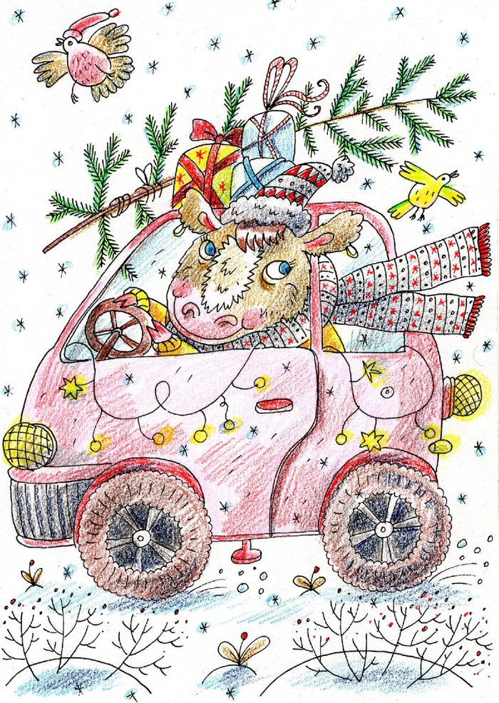 На розовой машинке