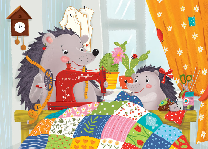 Ежики шьют лоскутное одеяло