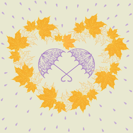 Autumn heart pattern with maple leaves and umbrellas. Vector pattern