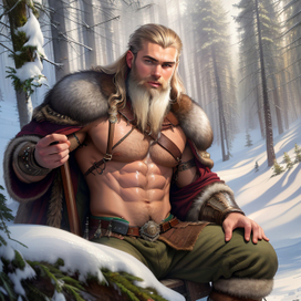 ИИ. Портрет. Нордический воин-викинг в зимнем лесу.
