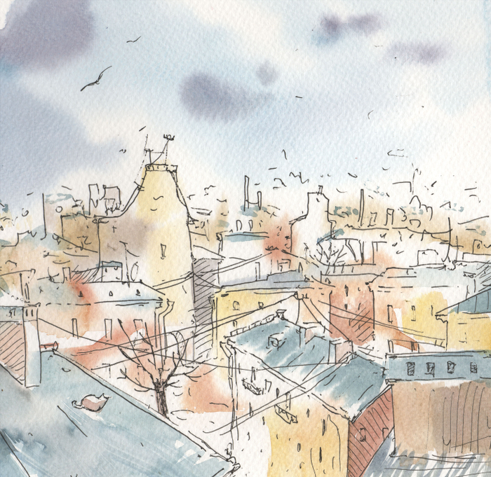 Утро в туманном Петербурге. Акварель.