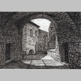 Солнечный дворик в старом Ассизи. Италия.