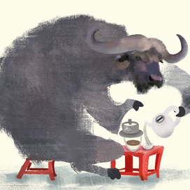 Бык пьёт кофе
