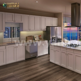 3D-дизайнеры интерьера кухни открытой планировки с просторной обеденной зоной от архитектурного бюро, Ницца, Франция.