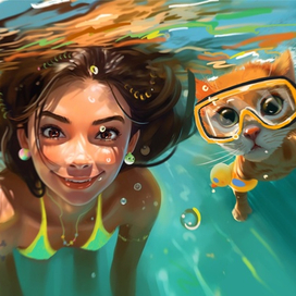 девушка и кот в океане