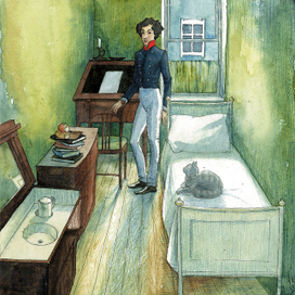 Пушкин в своей комнате.