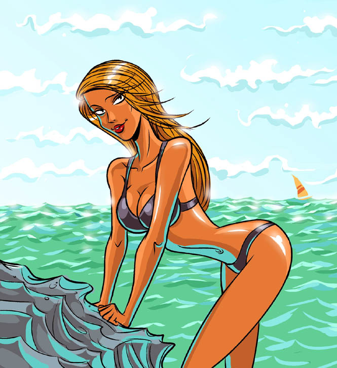 Девушка, камень и море.. и яхта