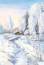 Пейзаж с домиком на рассвете. Иллюстрация для новогодней открытки.