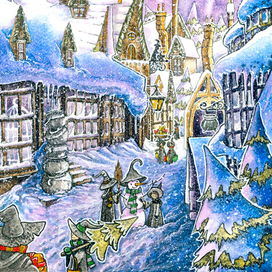 Деревня Хогсмид в период Рождества. Гарри Поттер иллюстрация