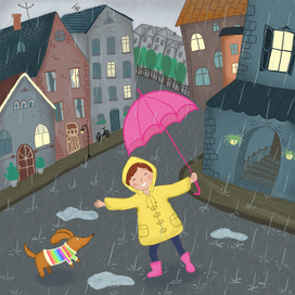 Девочка с собакой гуляют в дождливую погоду