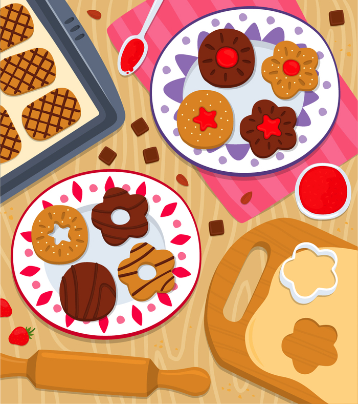 Разложи печенье по тарелкам.