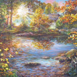 Над осенним озером золотой рассвет