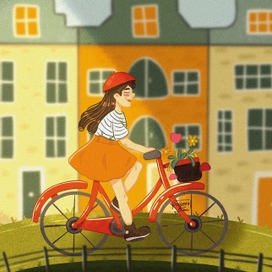 Детская иллюстрация для календаря 2023 / Девочка на велосипеде на фоне домов