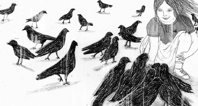 Девочка и птицы.