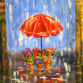 "Зонтик с цветами под дождем" - Гуашь