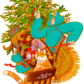 Кошки и их Женщина-кошка готовятся к Новому году