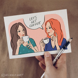 Серия иллюстраций для почтовых открыток "Let's get coffee"