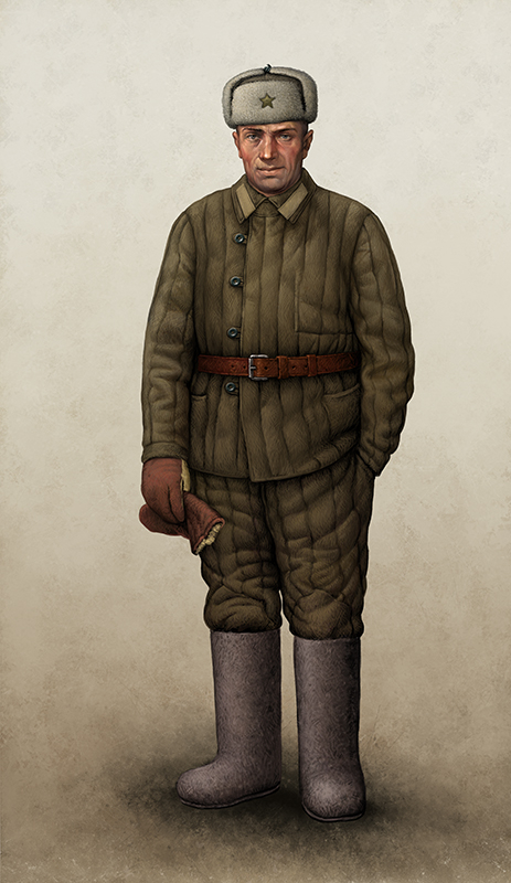 Красноармеец в ватной телогрейке и шапке-ушанке