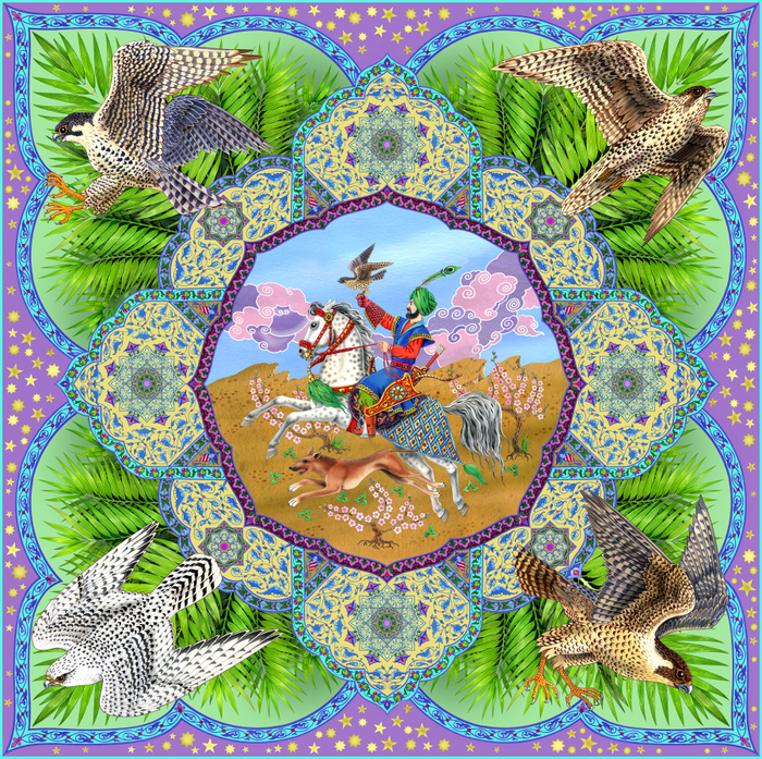 Эскиз платка "Соколиная охота"