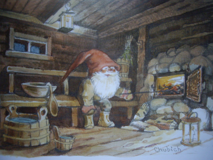 Гномы"Сауна".Изд-во"Палетти"(Финл.) 13х16,открытка