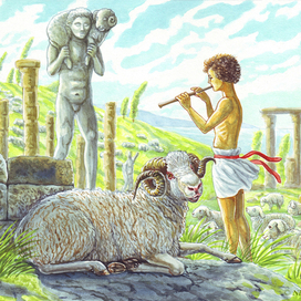 До чего дошёл Гермес - до ношения овец. Водрузил себе на плечи не особо крупный вес.