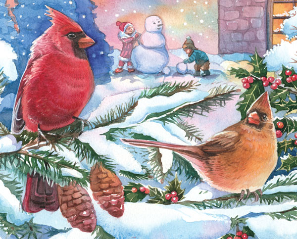 Фрагмент иллюстрации для упаковки. Новогодний пейзаж с птичками