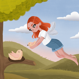 The fairy returns the baby bird to her mother