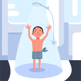 мальчик принимает душ