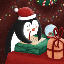 Папа-пингвин готовится к Новому году