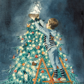 Петя наряжает ёлку.