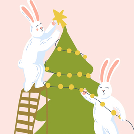 Новогодние зайцы. Иллюстрация к новогодней открытке