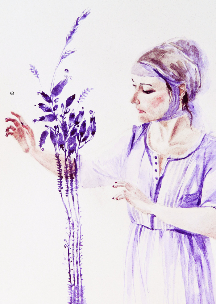 Автопортрет с фиолетовыми цветами.