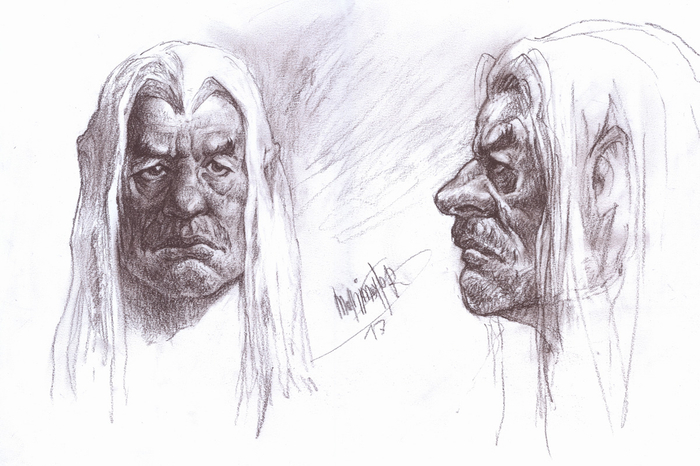 эскиз головы персонажа. сепия