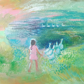 гуси и девочка,на каникулах у бабушки 