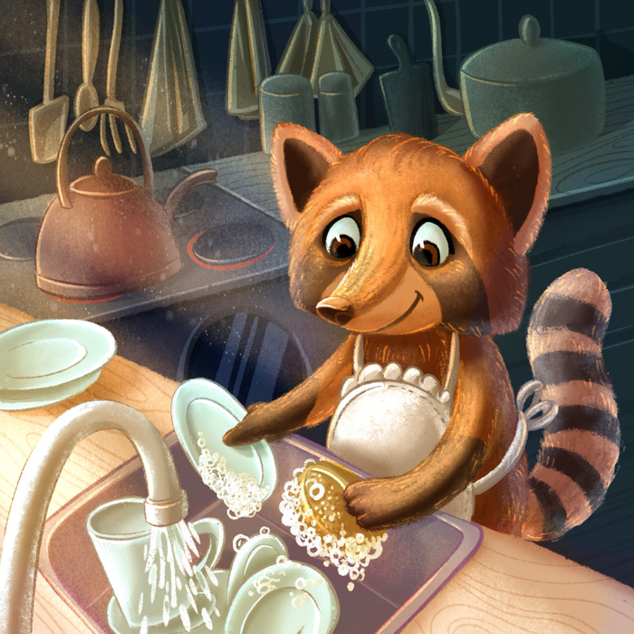 Енот моет посуду