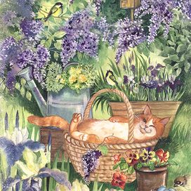 Рыжий кот в сиревевом саду