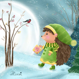 Новогодняя иллюстрация с ёжиком