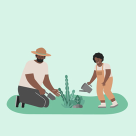 Счастливый папа афроамериканец сажает цветы, а ребенок поливает листья в саду