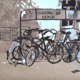Велосипедная стоянка. 40х60, т.б., тушь, белила