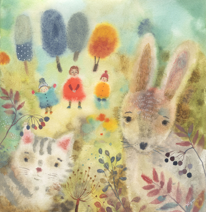 Заяц и кот с детьми на поляне. Акварель