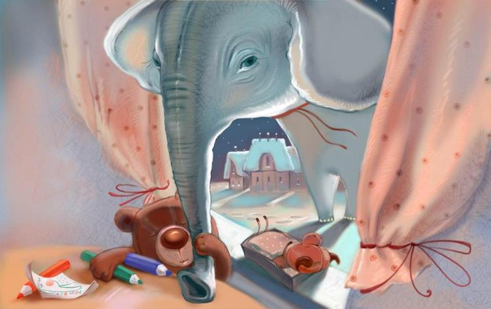 ...дин-дон,дин-дон в перулке ходит слон, старый серый слон...