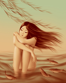 Девушка в воде с рыбами.