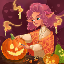 Девушка вырезает тыкву на Хэллоуин. DTYIS