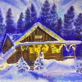 Новогодняя открытка «Домик в лесу»
