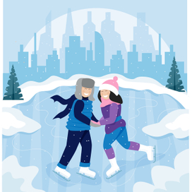 Влюбленная пара катается накатке на коньках в зимний день в городском парке