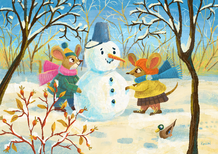 Мышеньки строят снеговика