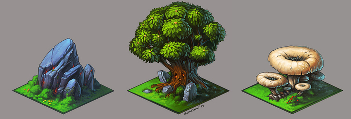 камень, дерево и гриб