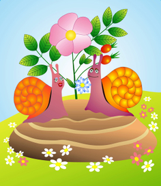 Встреча двух улиток на камне под шиповником.